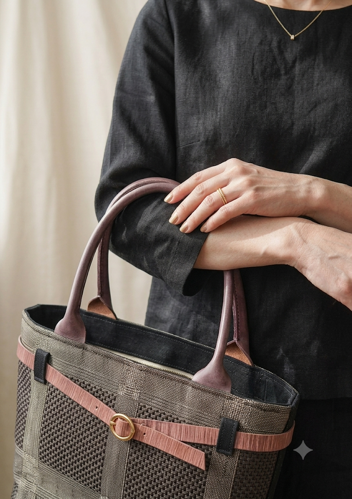 Hand-dyed Smoky Purple Leather Tote Bag Made from Checkered Kimono Obi