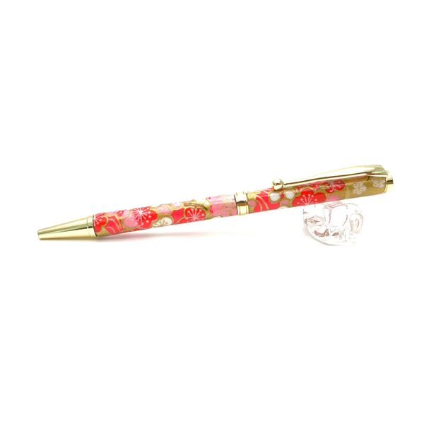 日本製 ハンドメイド ボールペン/文房具 【梅と流水 桃色】 クロスタイプ 芯：0.7mm 美濃和紙 友禅紙 文具 オフィス用品