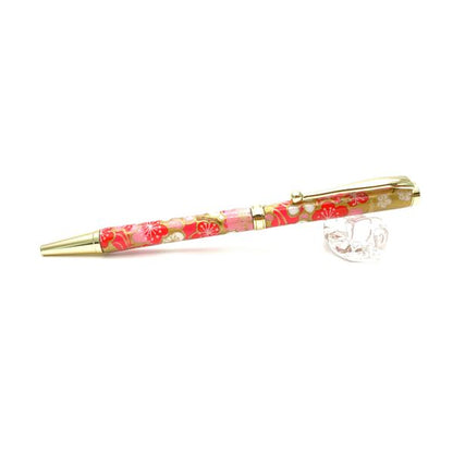 日本製 ハンドメイド ボールペン/文房具 【梅と流水 桃色】 クロスタイプ 芯：0.7mm 美濃和紙 友禅紙 文具 オフィス用品
