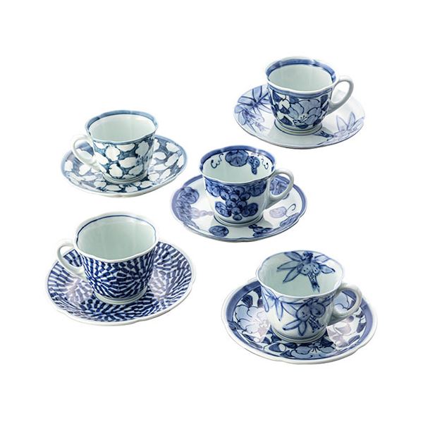 波佐見焼 古伊万里青磁絵 珈琲碗皿5客揃 碗φ8.5×6.5cm、皿φ14.8×2.5cm B1155580