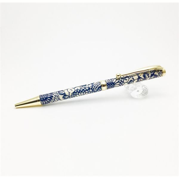 日本製 ハンドメイド ボールペン/文房具 【藍染・ぼたん】 クロスタイプ 芯：0.7mm 美濃和紙 友禅紙 文具 オフィス用品