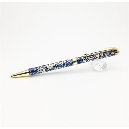 日本製 ハンドメイド ボールペン/文房具 【藍染・ぼたん】 クロスタイプ 芯：0.7mm 美濃和紙 友禅紙 文具 オフィス用品