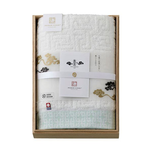 今治謹製 雲母唐長(KIRA KARACHO) 唐長文様ロングフェイスタオル(木箱入) グリーン 約34×90cm C6053527