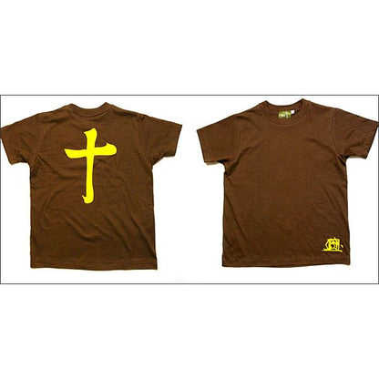 戦国武将Tシャツ 【島津義弘 十文字】 Sサイズ 半袖 綿100% 茶 〔Uネック おもしろ〕