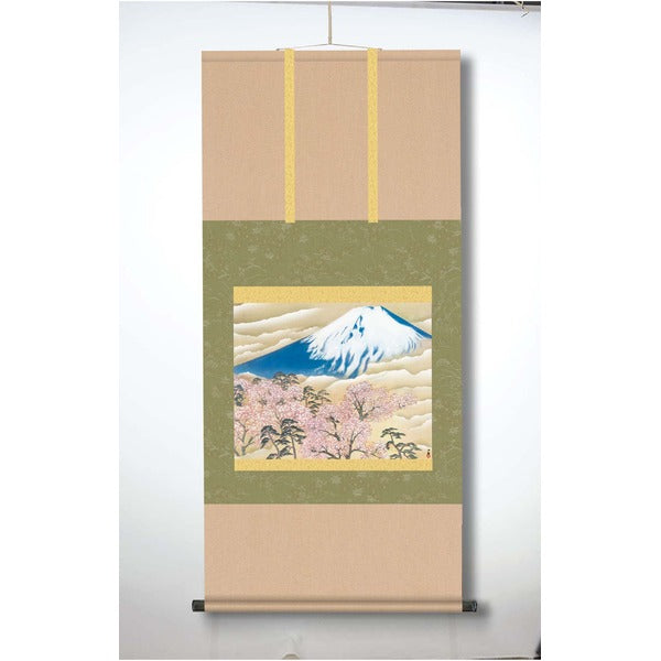〔 横山大観生誕150年 〕 富士図 富士絵画 高精彩特色技術絵 横山大観 霊峰富士 掛軸 尺五 冨士に桜図
