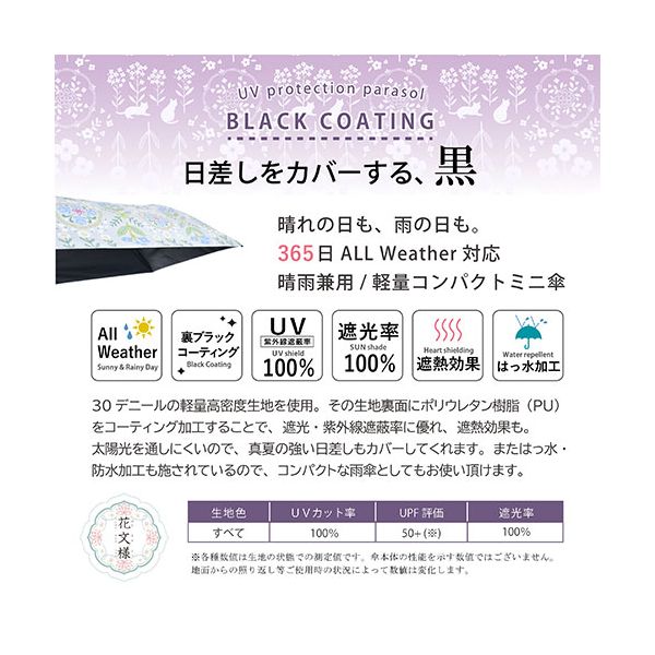 三国 MKN 遮光&遮熱 黒PU傘 50cm軽量コンパクトミニ 花文様・猫(トートバッグ) グレー S3518403