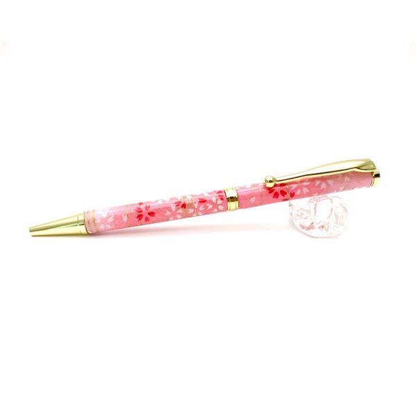 日本製 ハンドメイド ボールペン/文房具 【桜と流水 桃色】 クロスタイプ 芯：0.7mm 美濃和紙 友禅紙 文具 オフィス用品