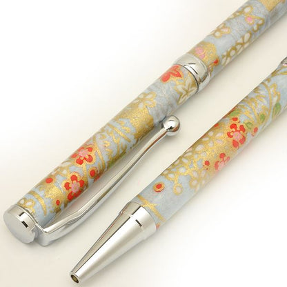 日本製 ハンドメイド ボールペン/文房具 【金箔・梅 水色】 クロスタイプ 芯：0.7mm 美濃和紙 友禅紙 文具 オフィス用品