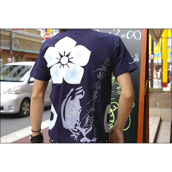戦国武将Tシャツ 【加藤清正 桔梗紋】 Mサイズ 半袖 綿100% ネイビー(紺) 〔Uネック おもしろ〕