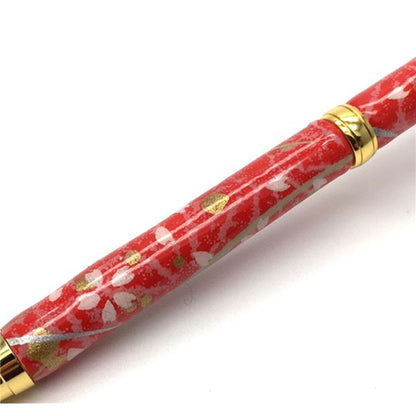 日本製 ハンドメイド ボールペン/文房具 【桜と麻の葉 朱色】 美濃和紙 友禅紙 0.7mm 文具 オフィス用品 ステーショナリー
