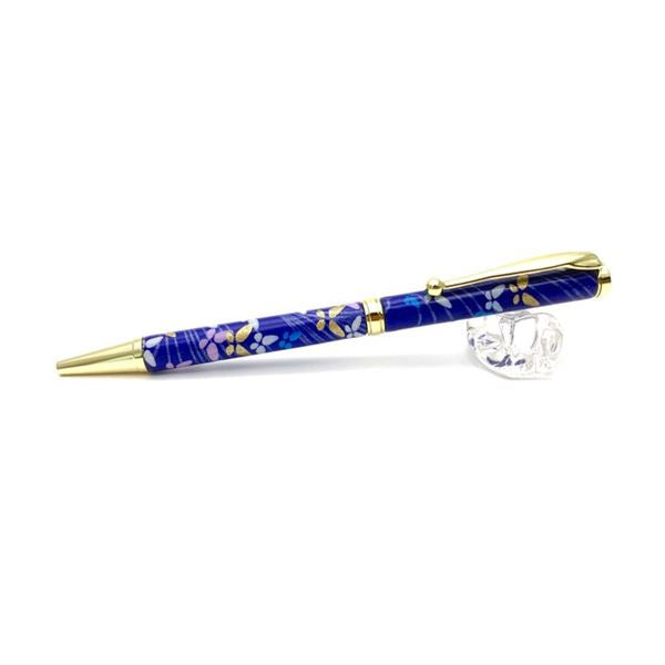 日本製 ハンドメイド ボールペン/文房具 【蝶と流水 紺色】 クロスタイプ 芯：0.7mm 美濃和紙 友禅紙 文具 オフィス用品