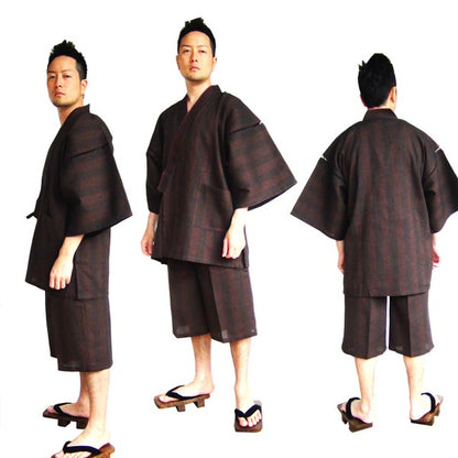 纏 まとい 織 甚平 ジンベイ キングサイズ 4L 濃茶 綿100％ 耐久性 通気性 吸汗性 部屋着 ルームウェア 寝巻 寝間着 パジャマ
