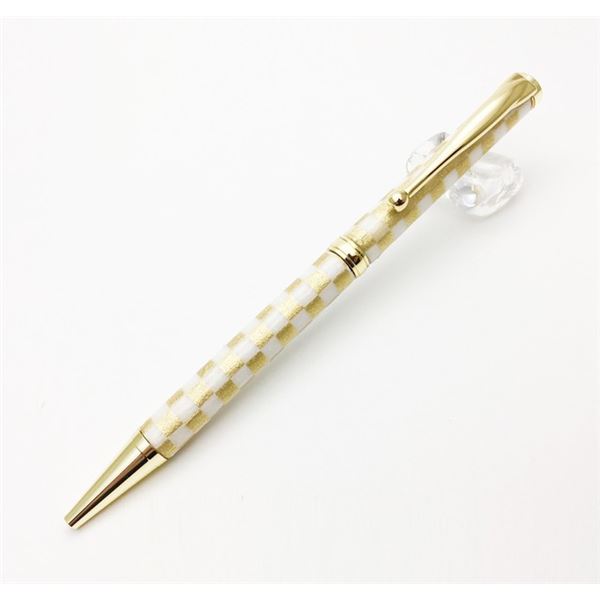 日本製 ハンドメイド ボールペン/文房具 【白箔金・市松】 クロスタイプ 芯：0.7mm 美濃和紙 友禅紙 文具 オフィス用品