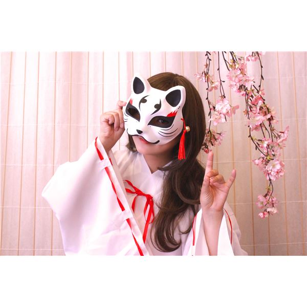 和風 コスプレ衣装/コスチューム 小物 【きつね面 白 黒耳】 半面タイプ 『花鳥風月』