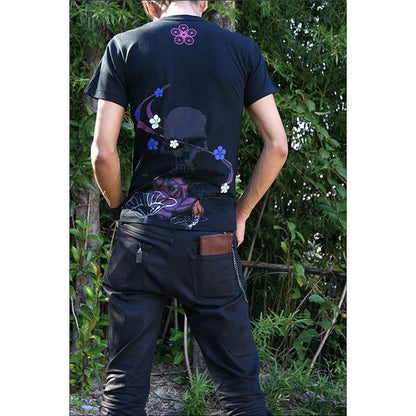 戦国武将Tシャツ 【前田慶次 髑髏と蓮】 XSサイズ 半袖 ブラック(黒) 〔Uネック おもしろ〕