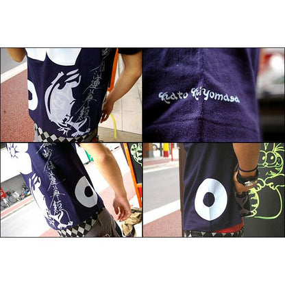 戦国武将Tシャツ 【加藤清正 桔梗紋】 Mサイズ 半袖 綿100% ネイビー(紺) 〔Uネック おもしろ〕