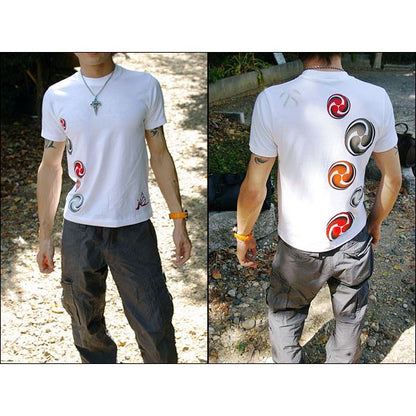 戦国武将Tシャツ 【小早川家 右三つ巴】 XLサイズ 半袖 ホワイト(白) 〔メンズ 大きいサイズ Uネック おもしろ〕
