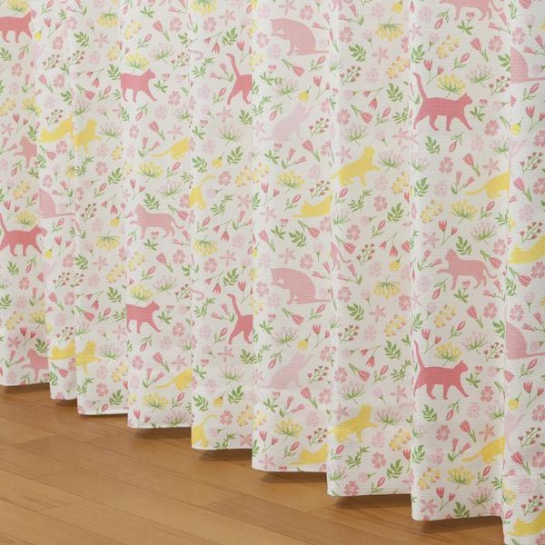 カーテン 4枚セット 約幅100×長さ135cm 猫柄 ドレープ・レース×各2枚 洗える タッセル付き 形状記憶 さんぽだニャン ピンク
