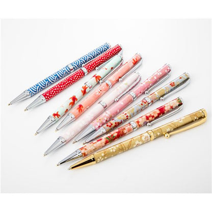 日本製 ハンドメイド ボールペン/文房具 【青海波 赤色】 クロスタイプ 芯：0.7mm 美濃和紙 友禅紙 文具 オフィス用品