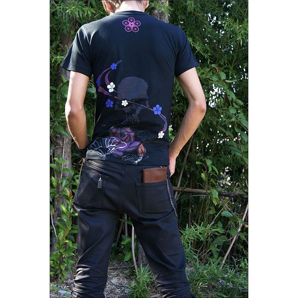 戦国武将Tシャツ 【前田慶次 髑髏と蓮】 Mサイズ 半袖 ブラック(黒) 〔Uネック おもしろ〕