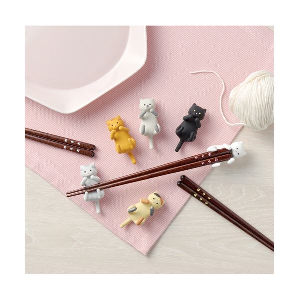 （まとめ） イシダ猫の箸＆箸置きセット だっこ猫 くろねこ 1膳 【×5セット】