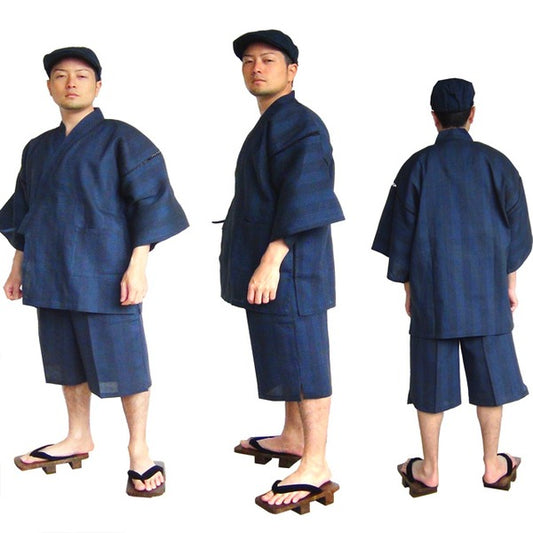 纏 まとい 織 甚平 ジンベイ キングサイズ 4L ネイビー 綿100％ 耐久性 通気性 吸汗性 部屋着 ルームウェア 寝巻 パジャマ
