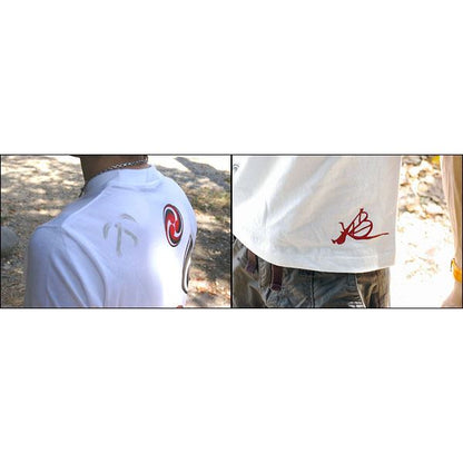 戦国武将Tシャツ 【小早川家 右三つ巴】 Lサイズ 半袖 綿100% ホワイト(白) 〔Uネック おもしろ〕